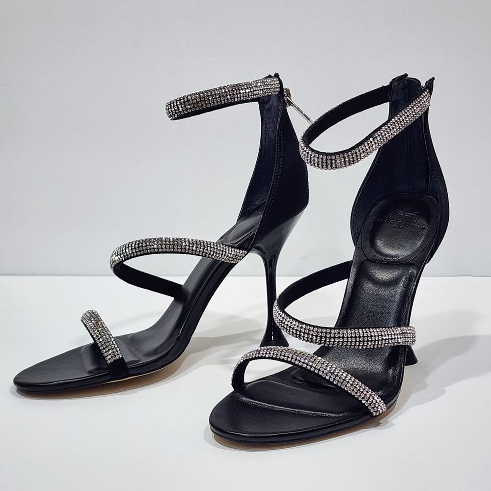 Marc Fisher Carita Ankle Strap Heled Sandals Rhinestone Detail Black Size 6.5